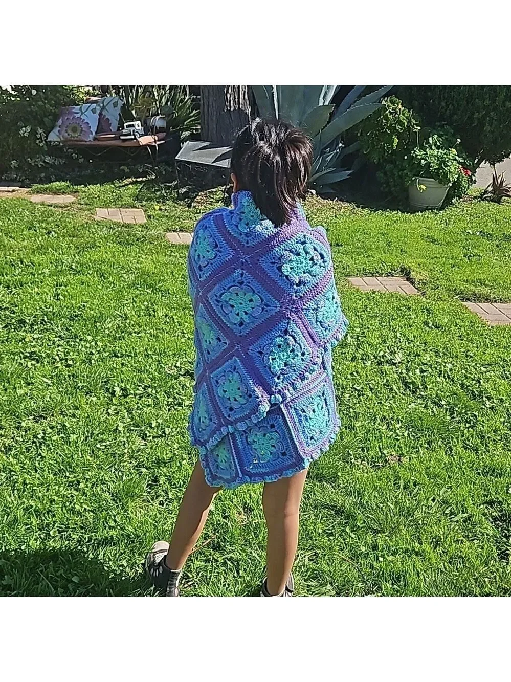Hand Crafted Purple Blue Aqua Crochet Blanket Granny Square Throw